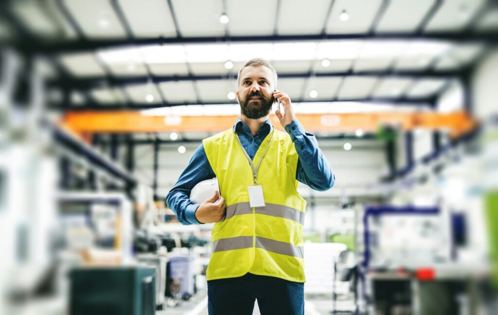 A man wearing high vis jacket holding his helmet talking to his team on the phone