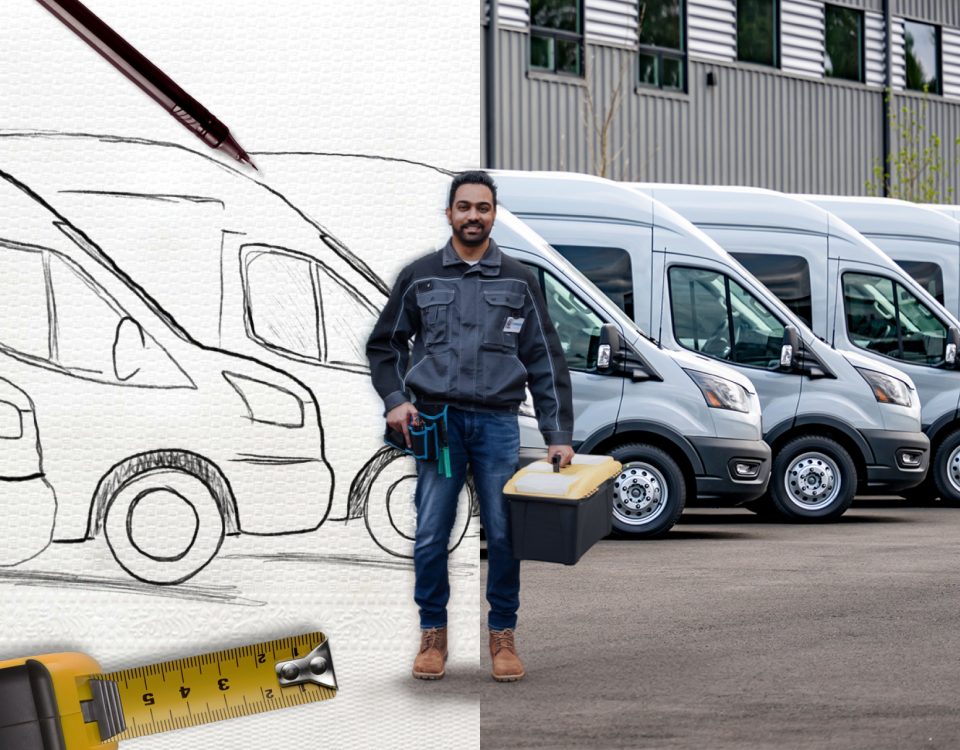 A field services business owner stands proudly in front of a fleet of new vans. The left hand side of the image shows a rough sketch of the scene on scrap paper, with a pen and tape measure by the side. The right hand side of the scene shows an image of the real vans parked in front of the business premises.